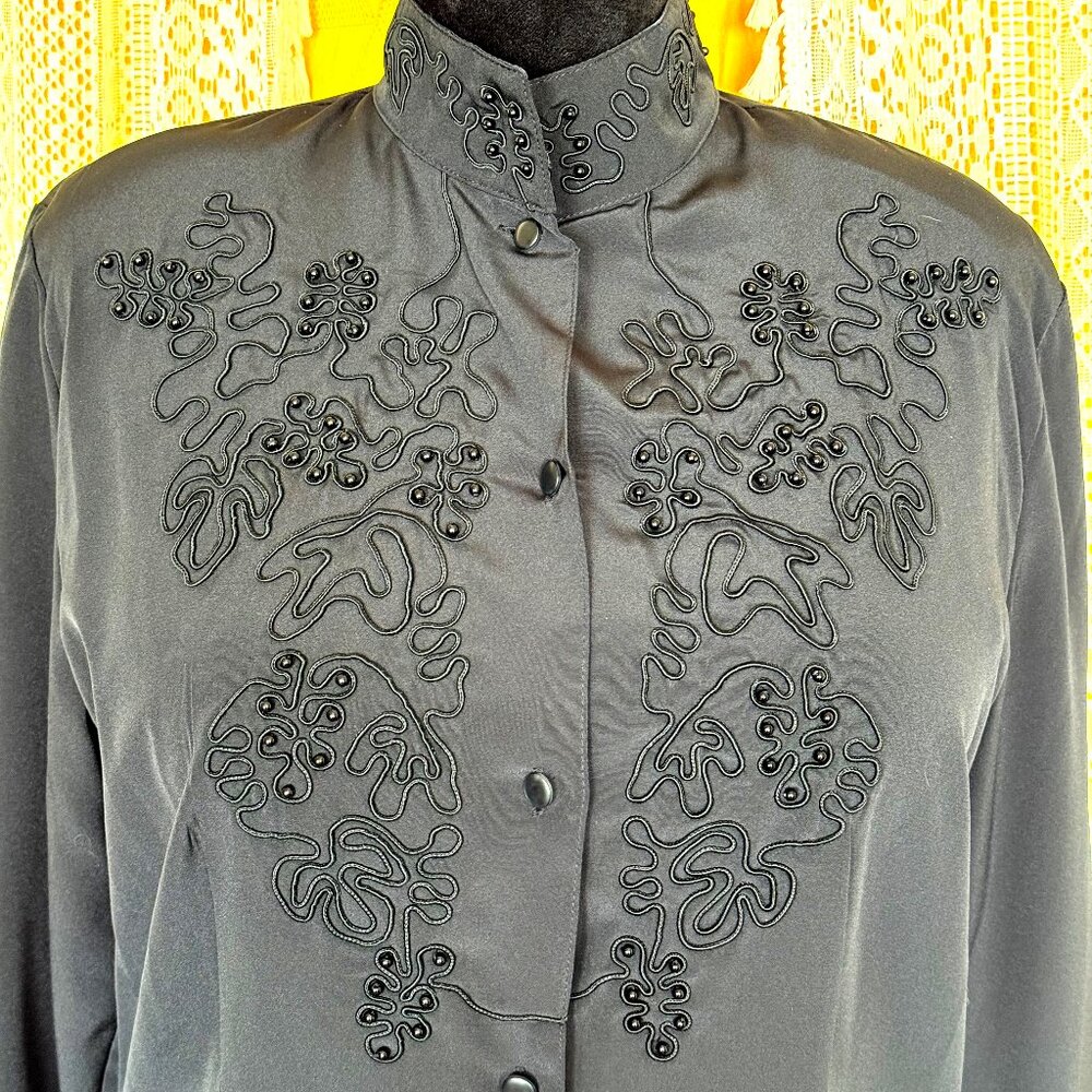 Vintage 90s Black High Collared Embellished Victorian Boho Style Blouse Size 12 - Picture 7 of 12